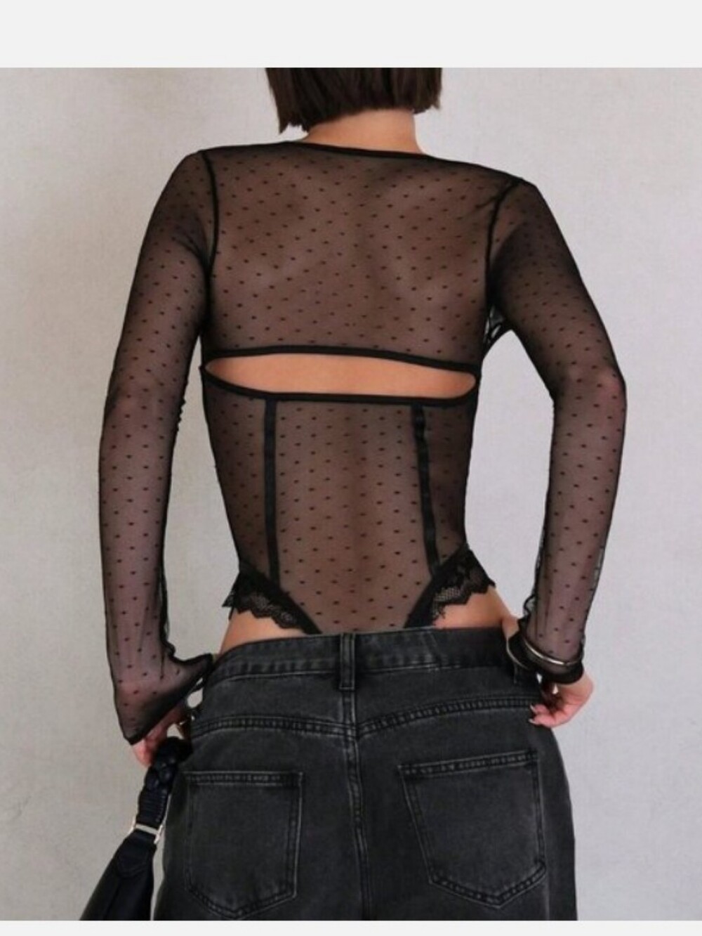 Black Casual Women's Spaghetti Strap Lace Patchwork Corset Bodysuit - Picture 3 of 4